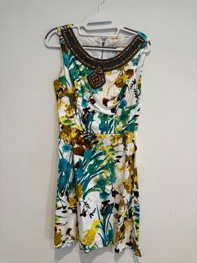 Roulette Floral Beaded Neckline Mini Dress in Teal, Yellow & Brown